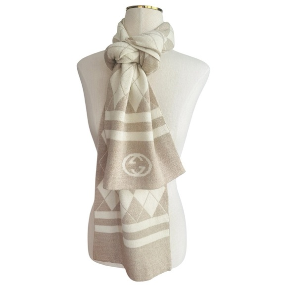 GUCCI Oatmeal & Cream Argyle & Stripe Reversible Monogram Wool Silk Scarf 10x70” - Picture 4 of 8
